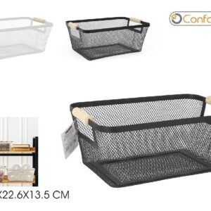 Melns metāla grozs - organizators ar koka rokturi, 33.2x22.6x13.5cm