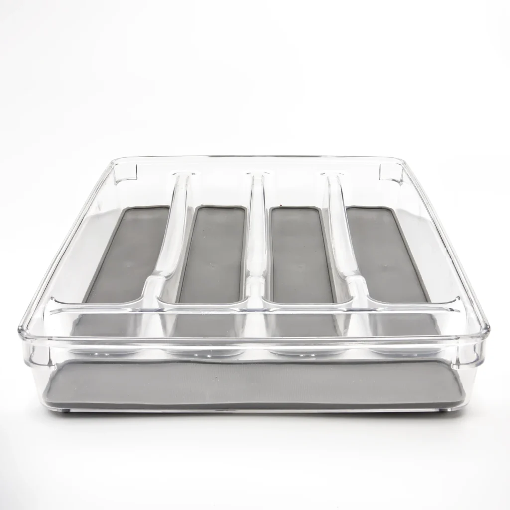 Virtuves atvilktnes organizators ar 5 nodalījumiem, caurspīdīgs ar pelēku pamatni