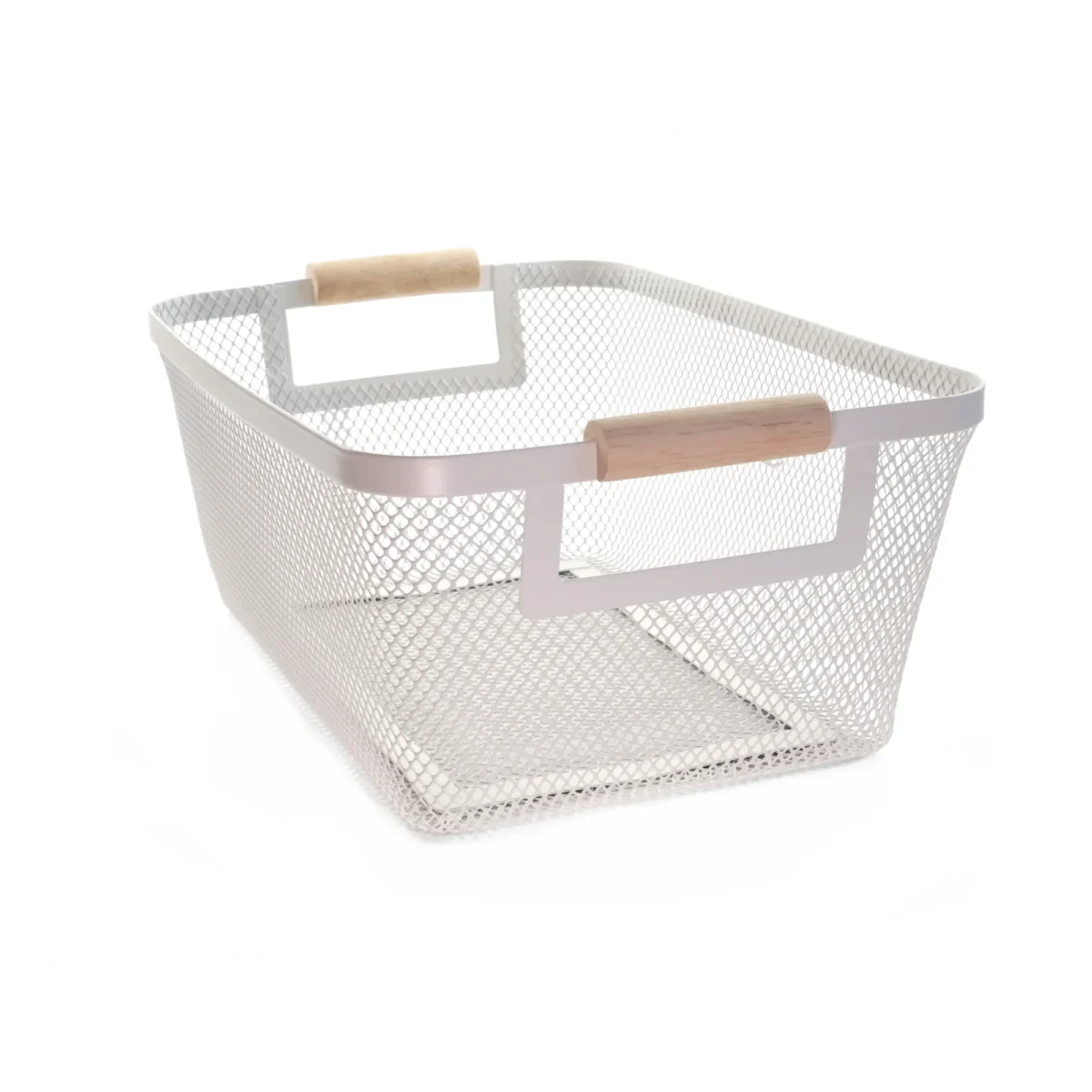 Balts metāla uzglabāšanas grozs ar dabīga koka rokturiem, taisnstūra formas ventilējams sieta grozs mājas organizēšanai.