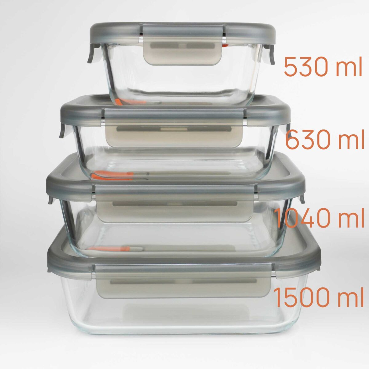Uzglabāšanas trauku sērija ar četrām stikla pārtikas kārbām ar vākiem – 530 ml, 630 ml, 1040 ml un 1500 ml