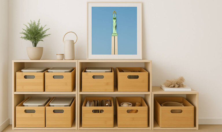 Plaukti ar koka organizēšanas kastēm