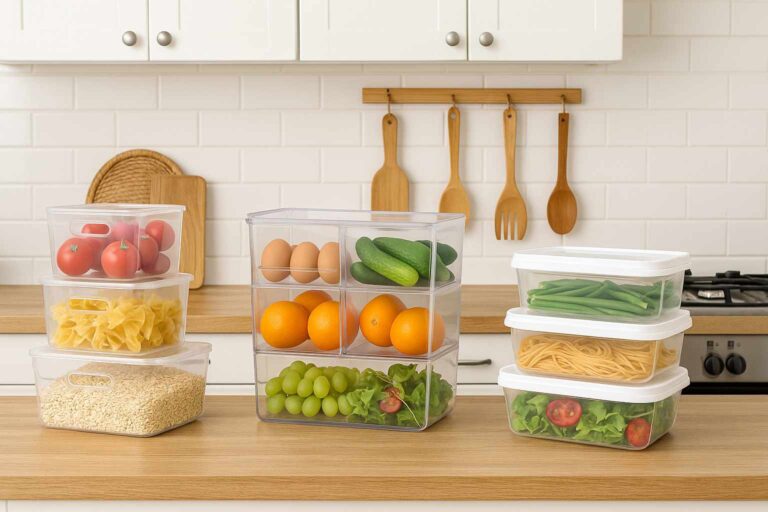Virtuves interjers ar caurspīdīgiem plastmasas pārtikas uzglabāšanas traukiem, organizēšanas kastēm un kārbām svaigu produktu glabāšanai.