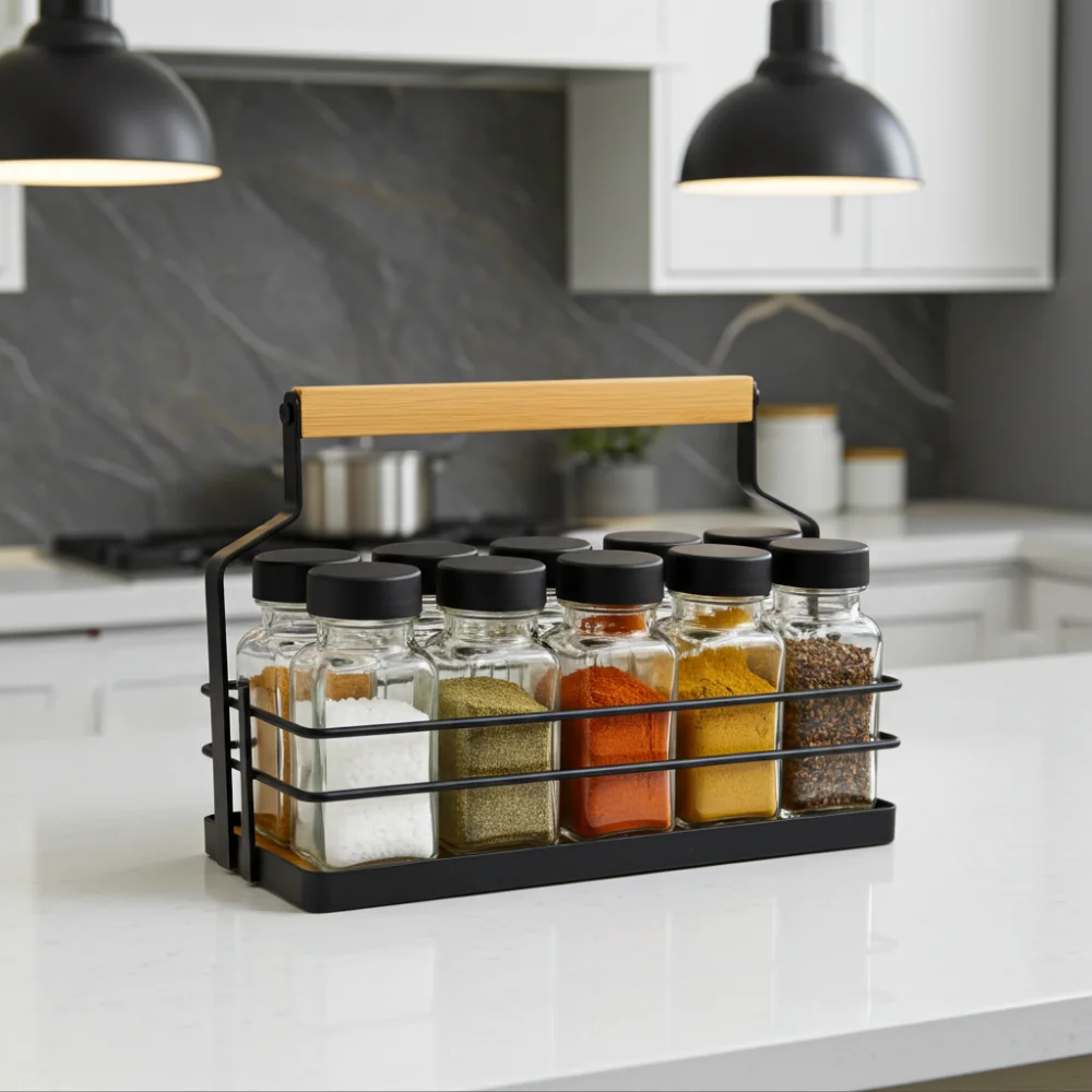 Garšvielu burciņu komplekts metāla turētājā ar koka rokturi uz virtuves galda