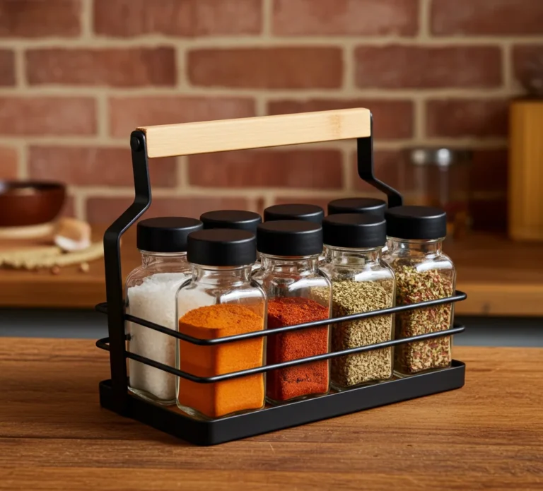 Garšvielu burciņu komplekts ar koka rokturi uz virtuves galda