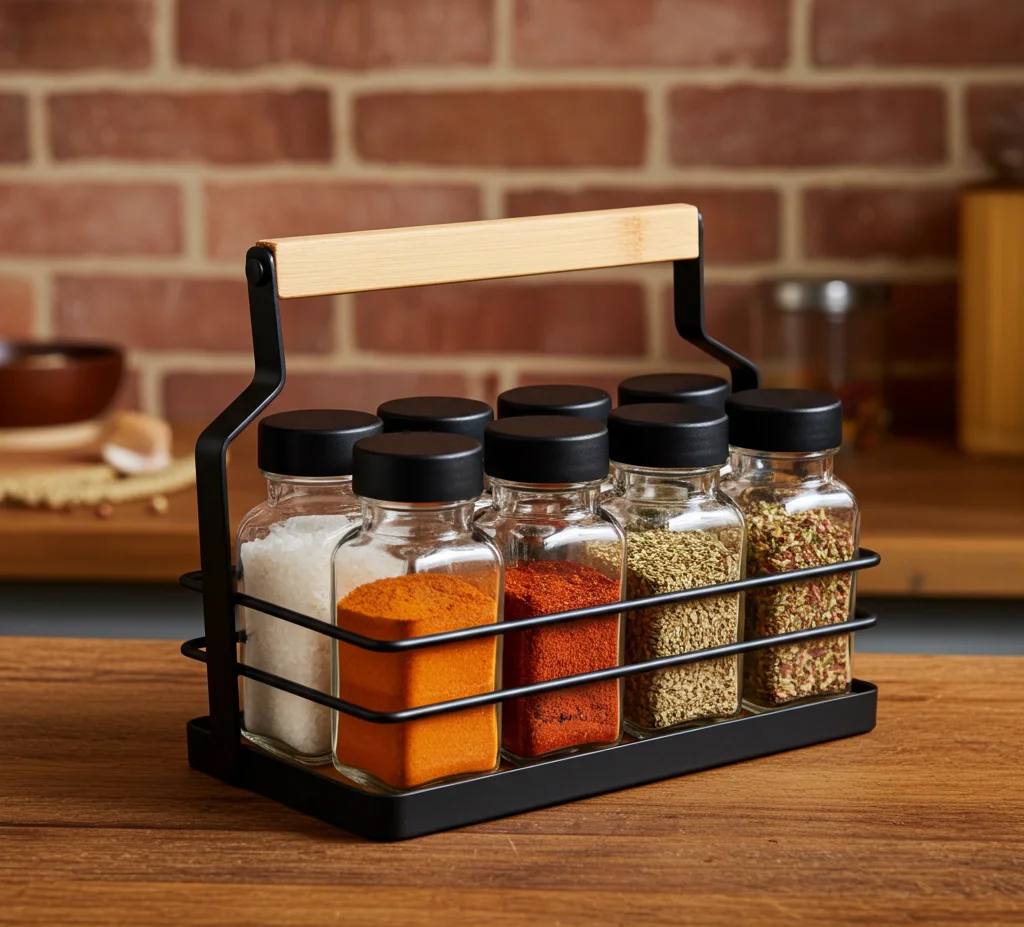 Garšvielu burciņu komplekts ar koka rokturi uz virtuves galda