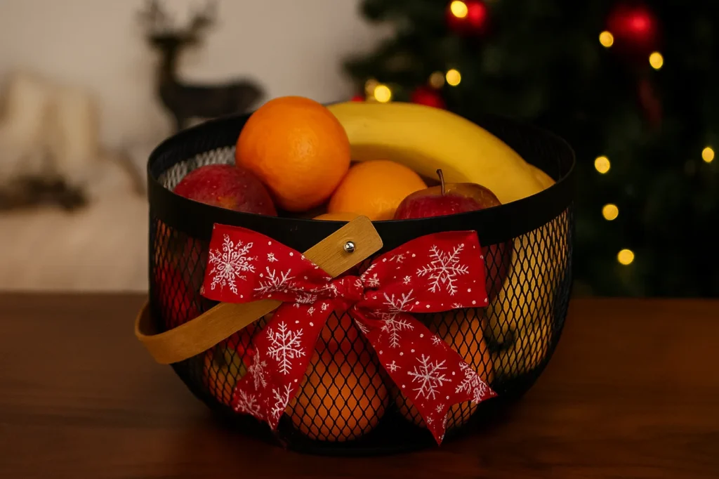 Melns metāla grozs ar augļiem, dekorēts ar sarkanu Ziemassvētku lenti, novietots svētku noskaņas interjerā ar eglīti fonā.
