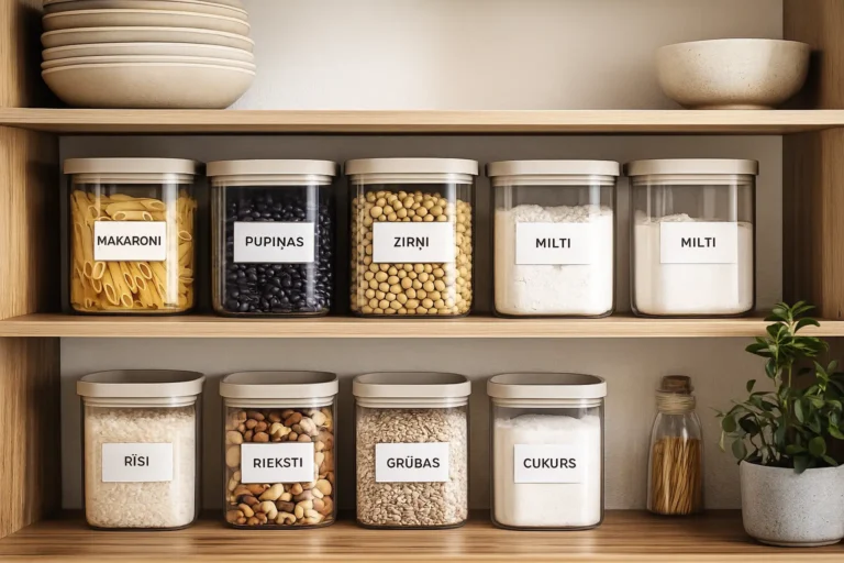 Skaisti sakārtoti virtuves plaukti ar caurspīdīgiem pārtikas uzglabāšanas traukiem un etiķetēm, piepildīti ar makaroniem, pupiņām, zirņiem, miltiem un citām pārtikas precēm.