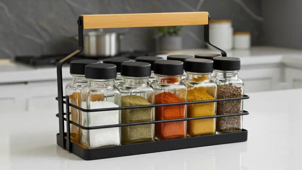 Garšvielu burciņu komplekts metāla turētājā ar koka rokturi uz virtuves galda