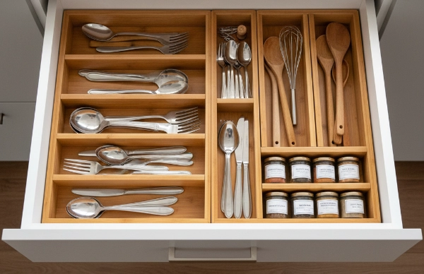 Bambusa organizators virtuves atvilktnē galda piederumu sakārtošanai