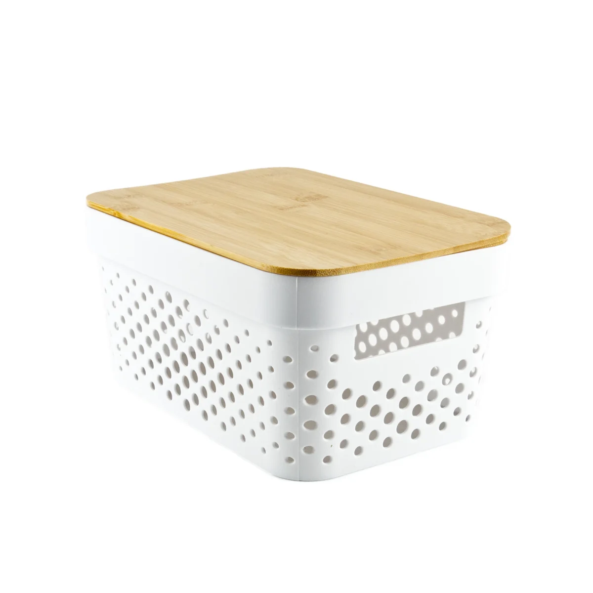 Balta plastmasas uzglabāšanas kaste ar bambusa vāku 26 × 17,5 × 12,5 cm